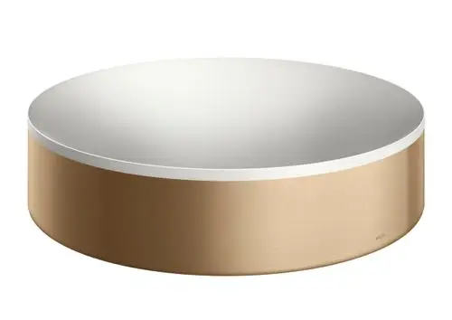 Runder Aufsatzwaschtisch in Brushed Bronze von AXOR, mit flacher weißen Oberfläche und ohne Hahnloch oder Überlauf.
